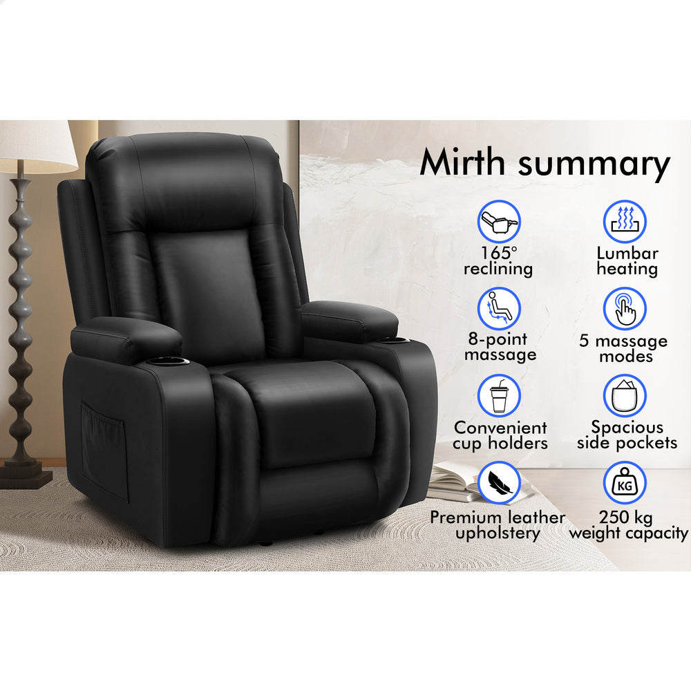 ALFORDSON Recliner Chair Heated Massage Armchair Lounge Sofa Leather Black