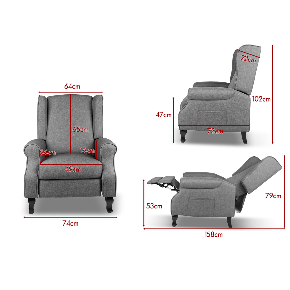 ALFORDSON Recliner Chair Armchair Accent Lounge Sofa Single Couch Fabric Grey