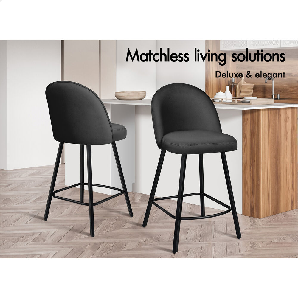 ALFORDSON 2x Bar Stools 66cm Kitchen Counter Velvet Dining Chairs Dark Grey