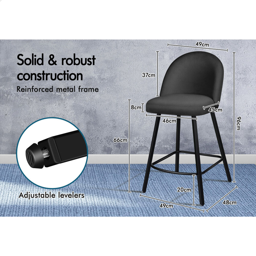 ALFORDSON 2x Bar Stools 66cm Kitchen Counter Velvet Dining Chairs Dark Grey