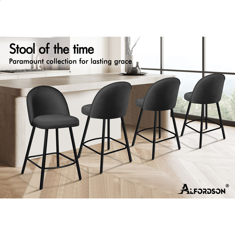 ALFORDSON 4x Bar Stools 66cm Kitchen Counter Velvet Dining Chairs Dark Grey