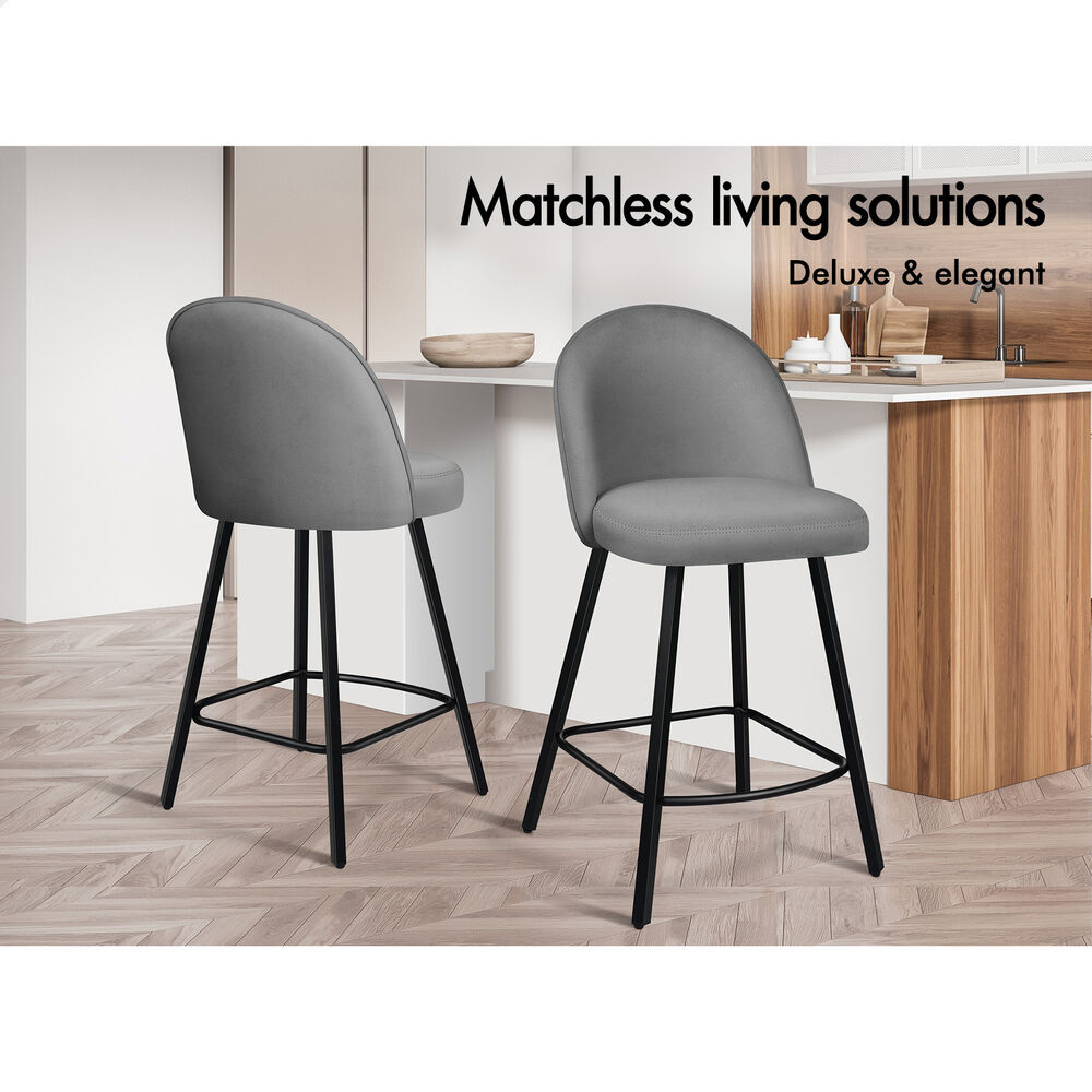 ALFORDSON 2x Bar Stools 66cm Kitchen Counter Velvet Vintage Dining Chairs Grey