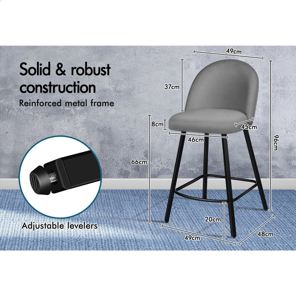 ALFORDSON 2x Bar Stools 66cm Kitchen Counter Velvet Vintage Dining Chairs Grey