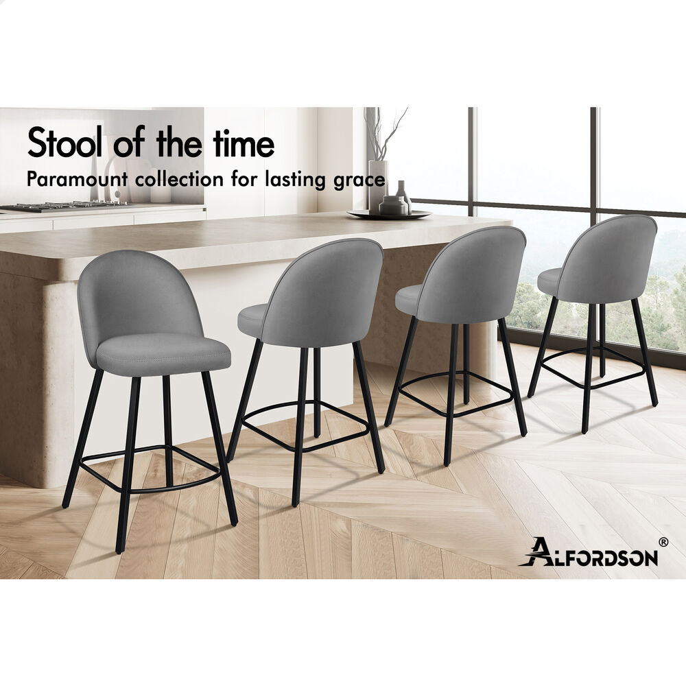 ALFORDSON 2x Bar Stools 66cm Kitchen Counter Velvet Vintage Dining Chairs Grey