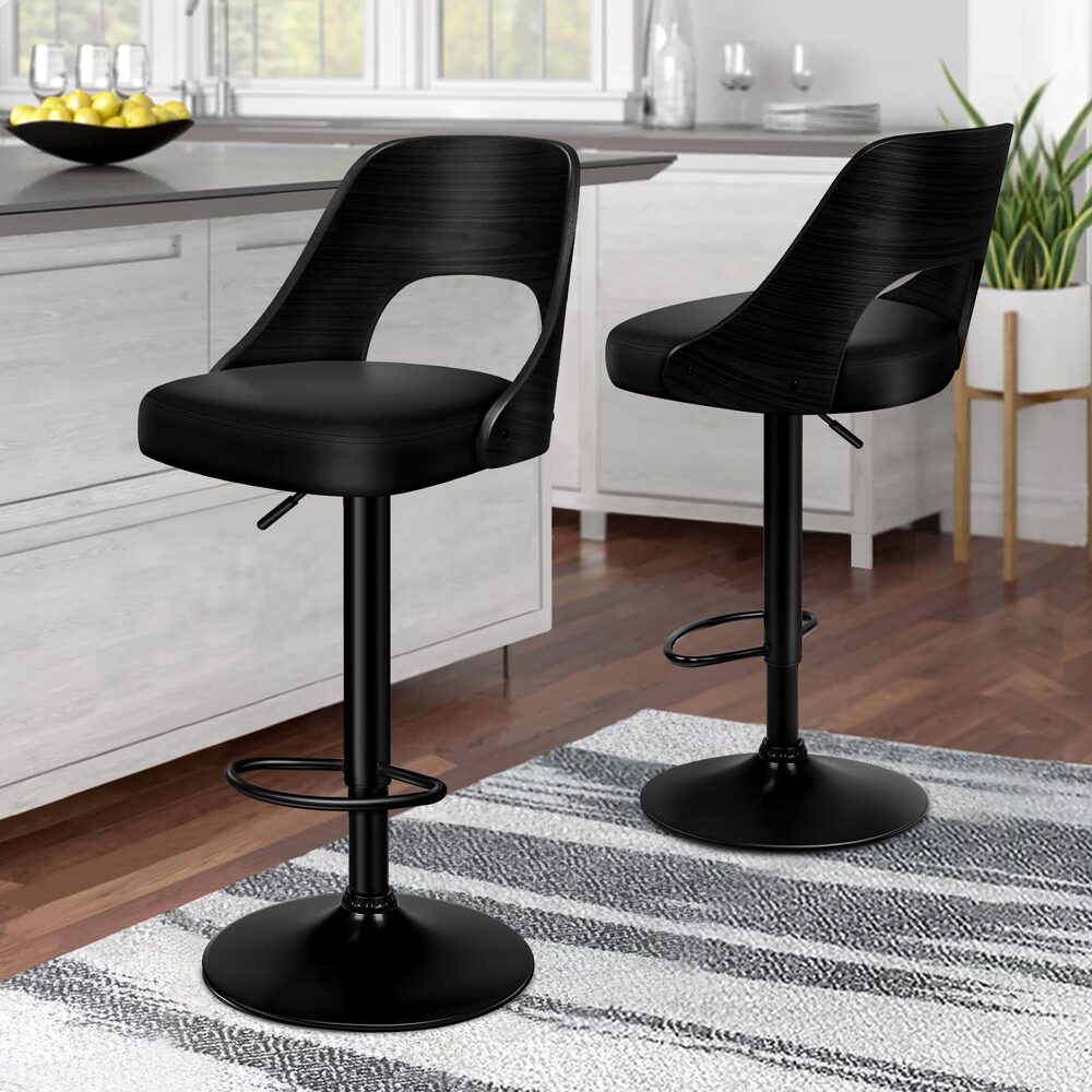 2x ALFORDSON Bar Stools Wooden Leather All Black