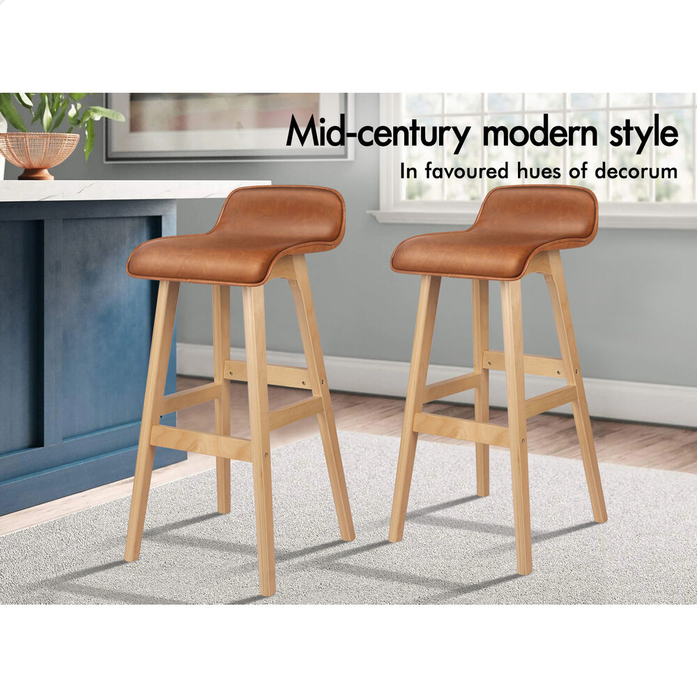 ALFORDSON 2x Wooden Bar Stools 74cm Kitchen Dining Chair Leather Samuel Brown