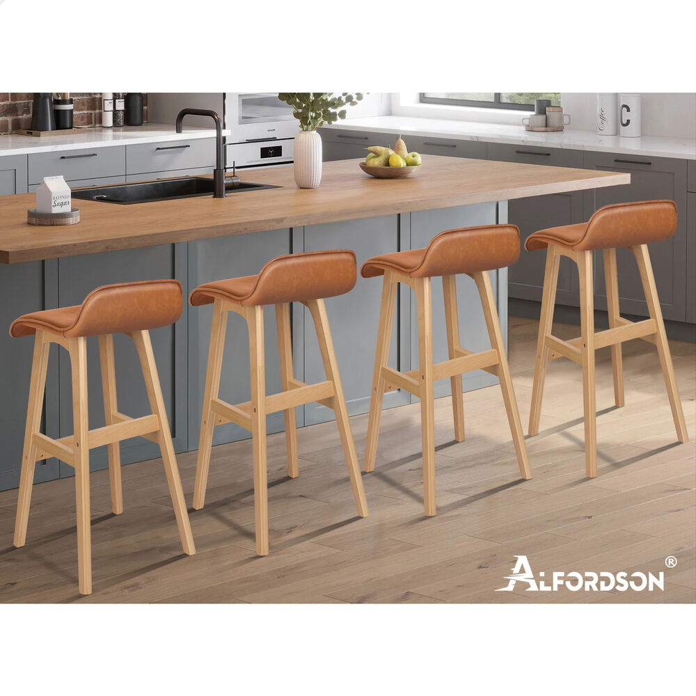 ALFORDSON 2x Wooden Bar Stools 74cm Kitchen Dining Chair Leather Samuel Brown