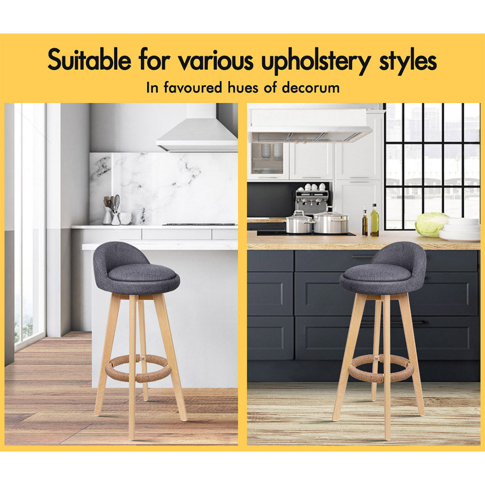 Alfordson 2x Swivel Bar Stools Liam Kitchen Dining Chair Wooden Fabric Grey
