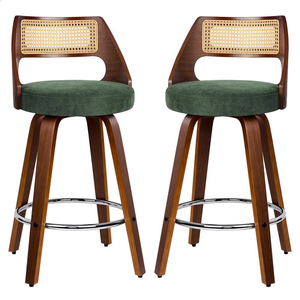 ALFORDSON 2x Bar Stools Chenille 65cm Swivel Kitchen Wooden Dining Chair Green