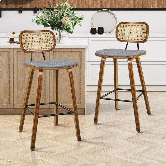 2x ALFORDSON Bar Stools Rattan Backrest Fabric Grey