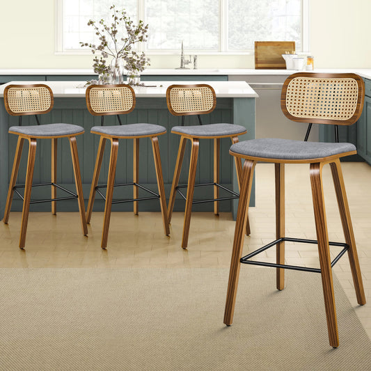 4x ALFORDSON Bar Stools Rattan Backrest Fabric Grey