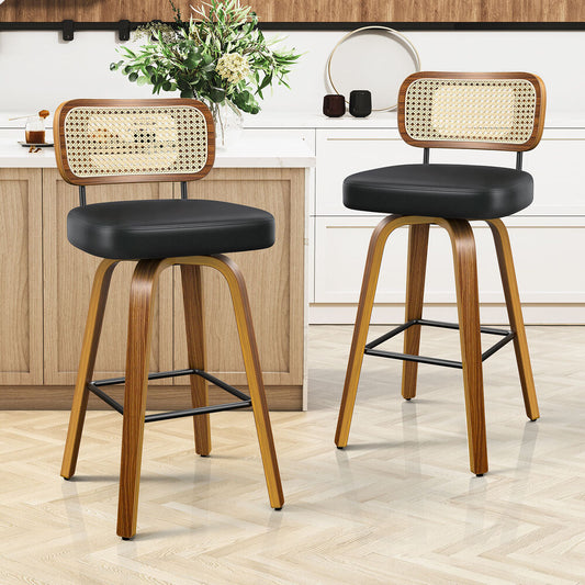 2x ALFORDSON Bar Stools Rattan Leather Wooden Black