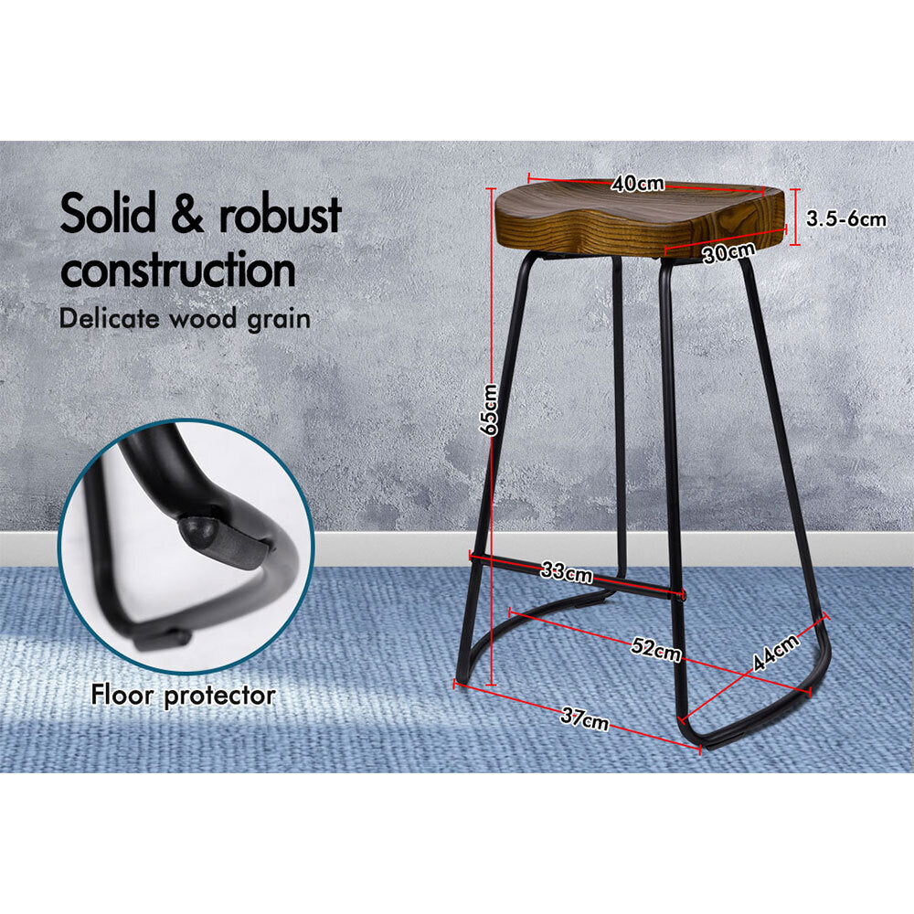 Alfordson 2x Bar Stools 65cm Tractor Kitchen Wooden Vintage Chair Dark