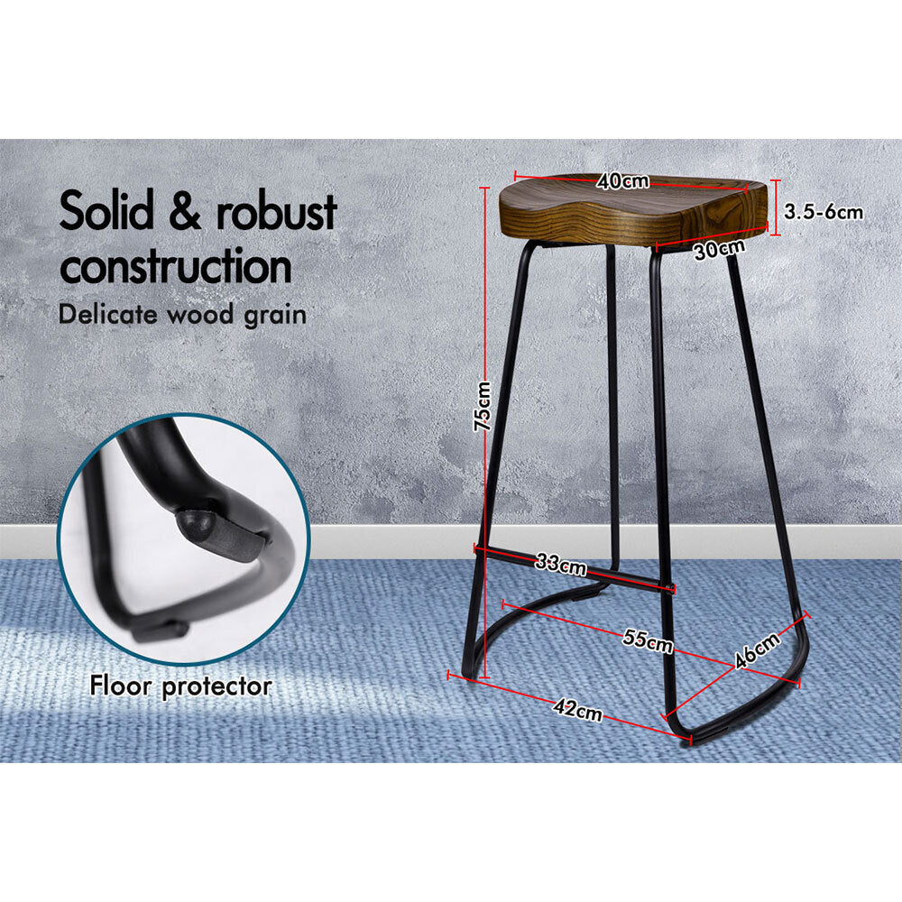 Alfordson 2x Bar Stools 75cm Tractor Kitchen Wooden Vintage Chair Dark