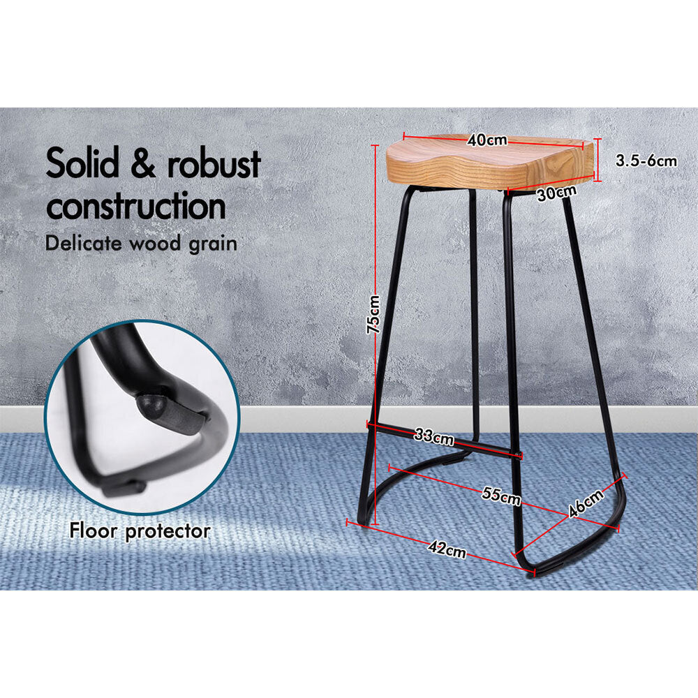 Alfordson 2x Bar Stools 75cm Tractor Kitchen Wooden Vintage Chair Natural