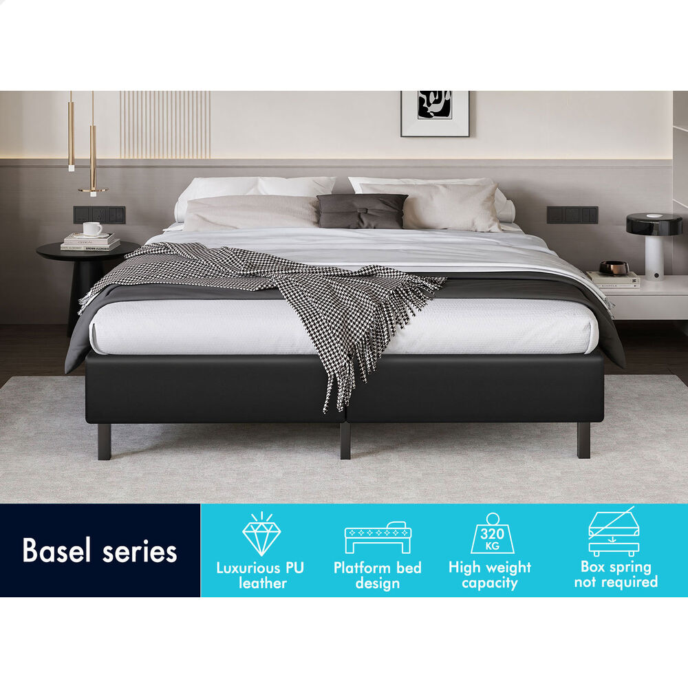 ALFORDSON Bed Frame Double Size Mattress Base Foundation Black Leather BASEL
