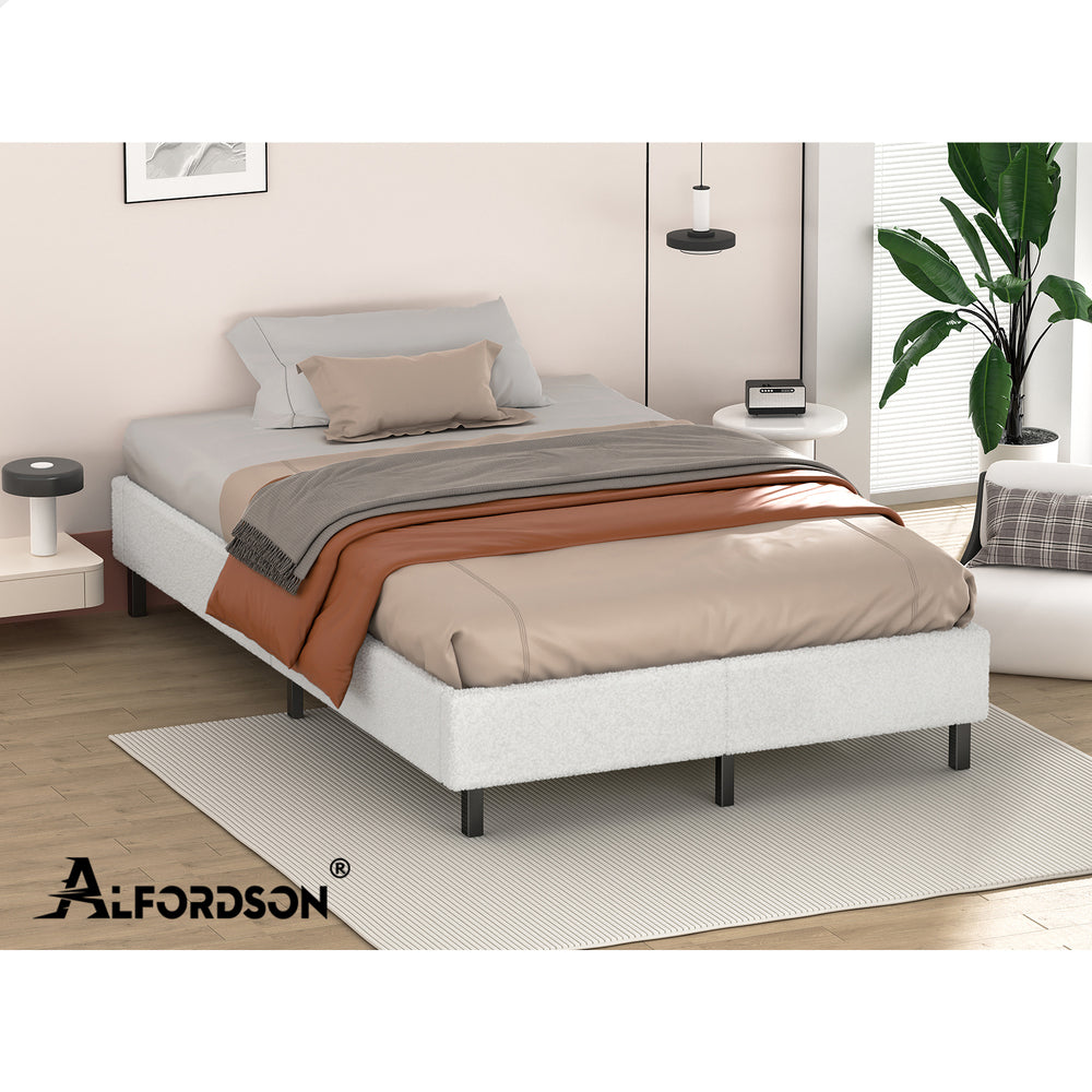 ALFORDSON Bed Frame King Single Mattress Base Foundation White Boucle BASEL