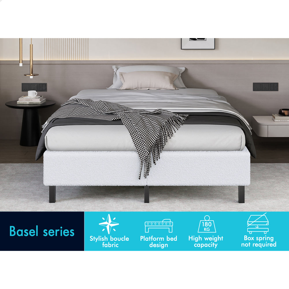 ALFORDSON Bed Frame King Single Mattress Base Foundation White Boucle BASEL