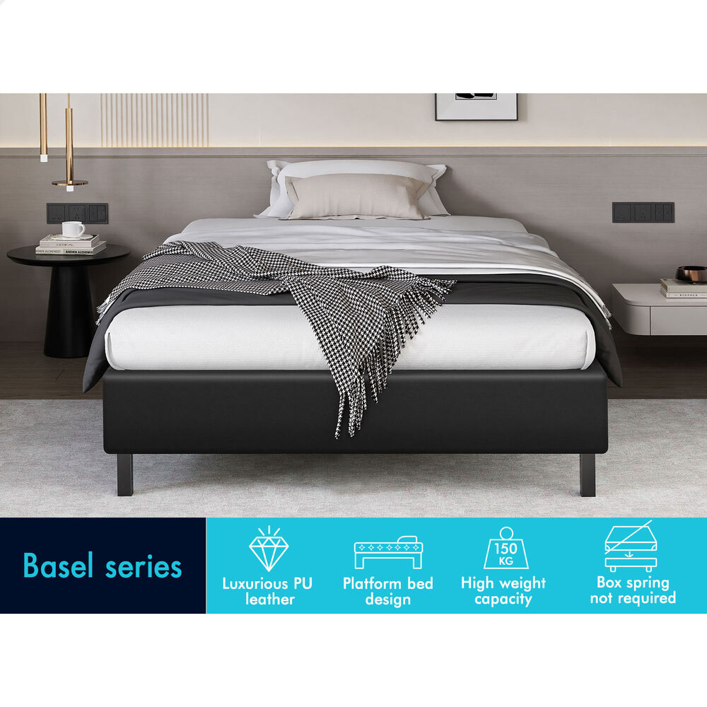 ALFORDSON Bed Frame Single Size Mattress Base Foundation Black Leather BASEL