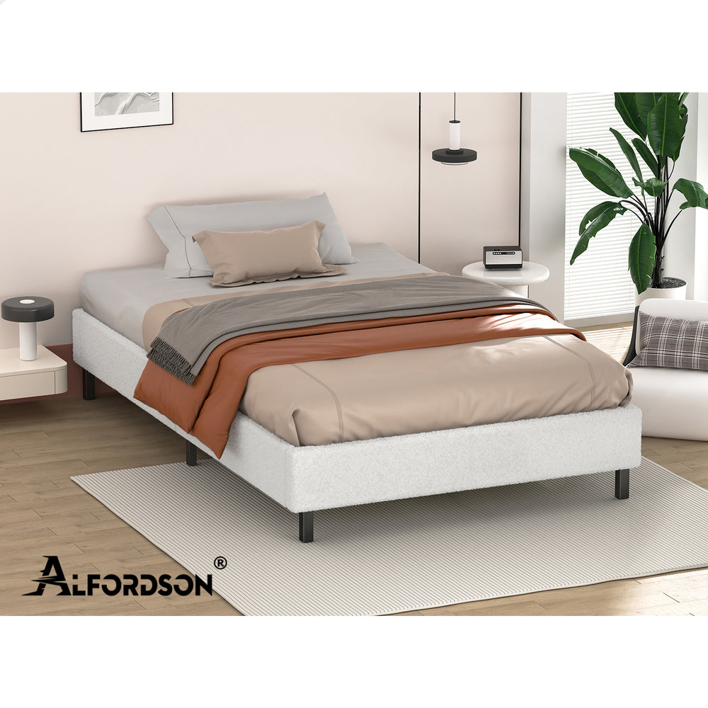 ALFORDSON Bed Frame Single Size Mattress Base Foundation White Boucle BASEL