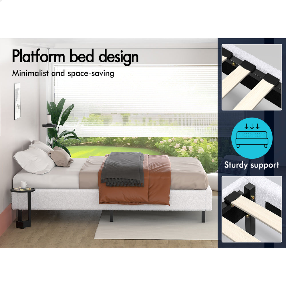 ALFORDSON Bed Frame Single Size Mattress Base Foundation White Boucle BASEL