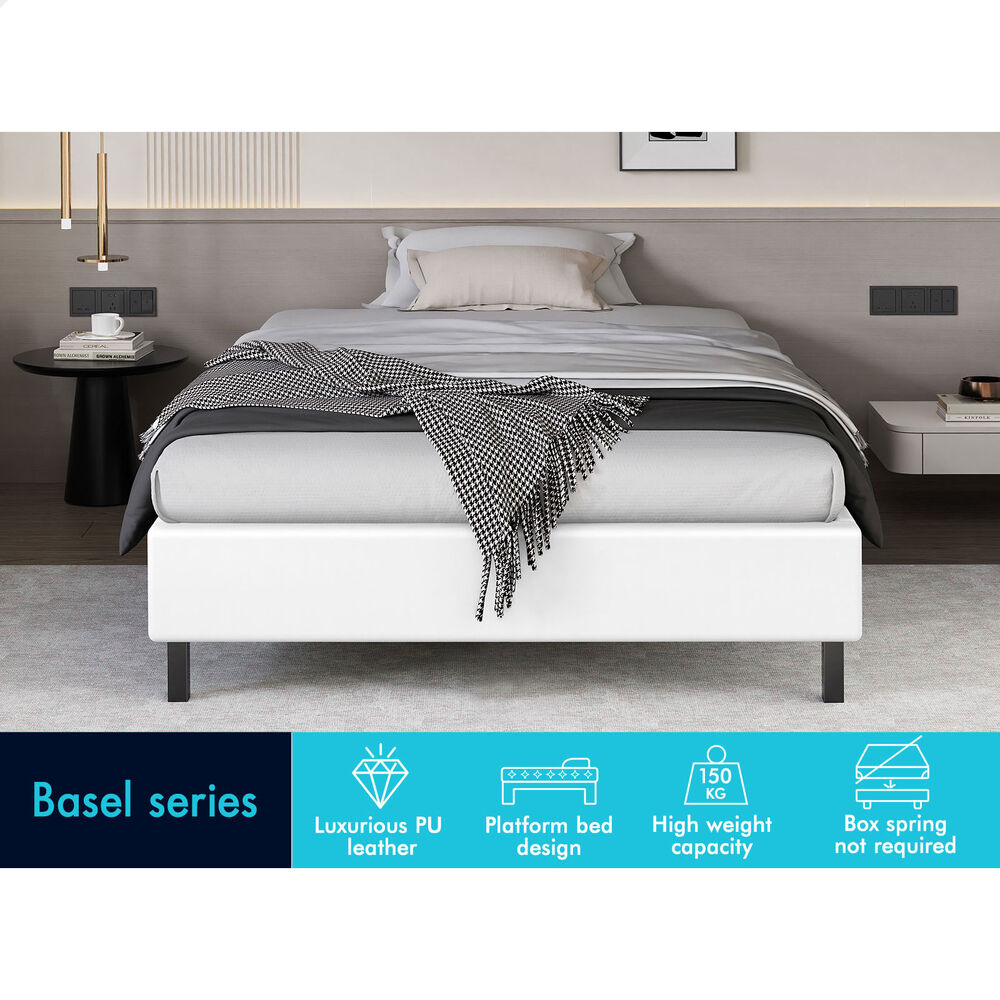 ALFORDSON Bed Frame Single Size Mattress Base Foundation White Leather BASEL