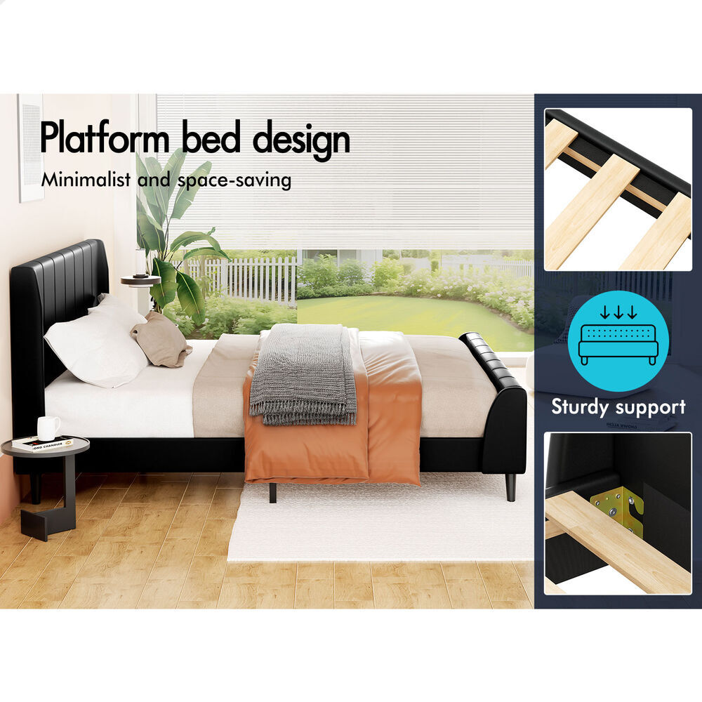 ALFORDSON Bed Frame Double Size Tufted Headboard Base Black Leather HUNDOLF