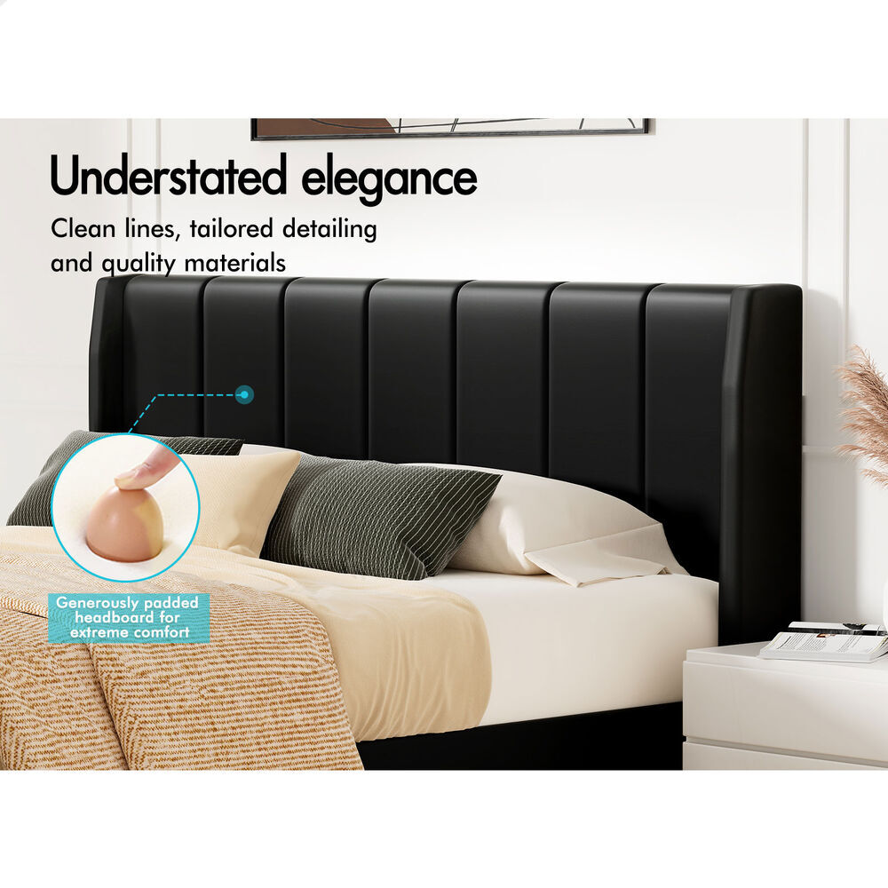 ALFORDSON Bed Frame Double Size Tufted Headboard Base Black Leather HUNDOLF
