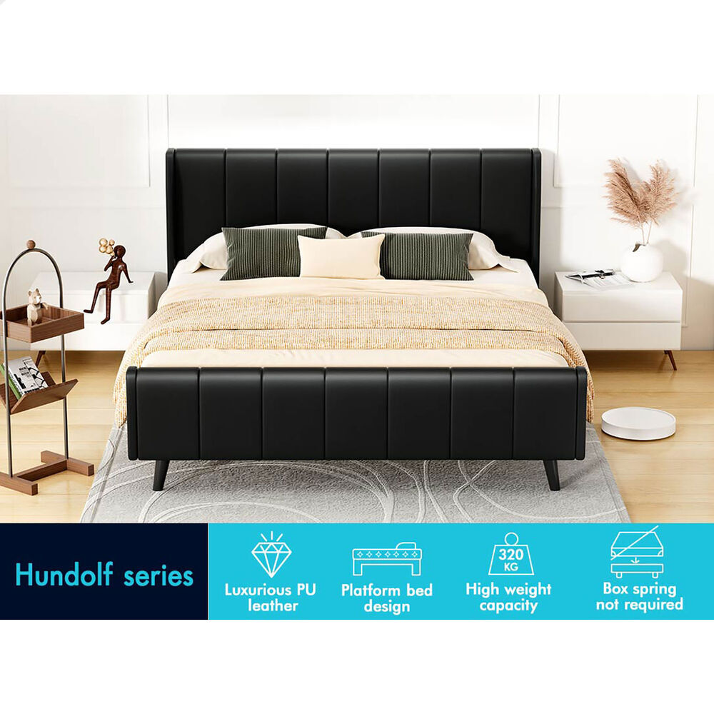 ALFORDSON Bed Frame Double Size Tufted Headboard Base Black Leather HUNDOLF