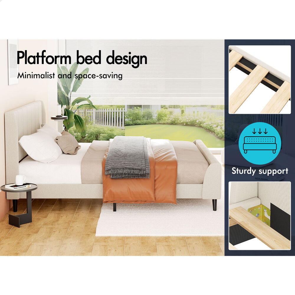 ALFORDSON Bed Frame Double Size Tufted Headboard Base Beige Fabric HUNDOLF
