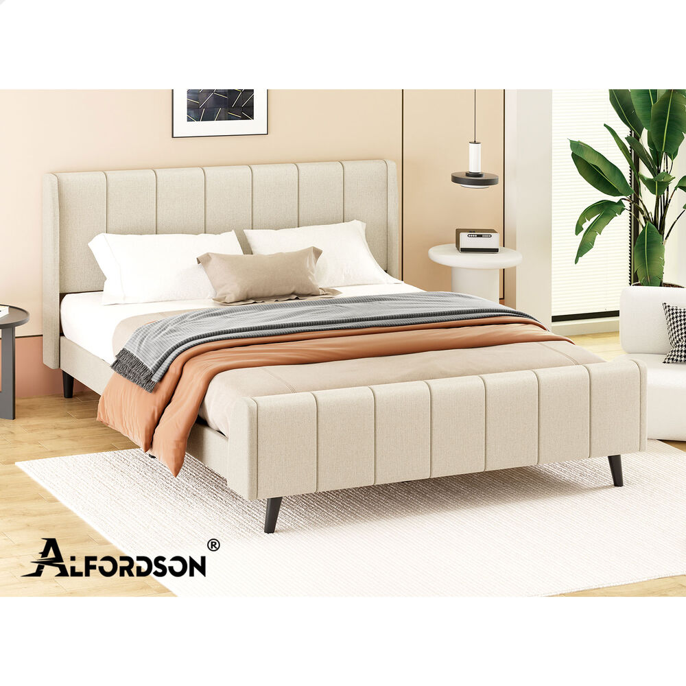 ALFORDSON Bed Frame Double Size Tufted Headboard Base Beige Fabric HUNDOLF