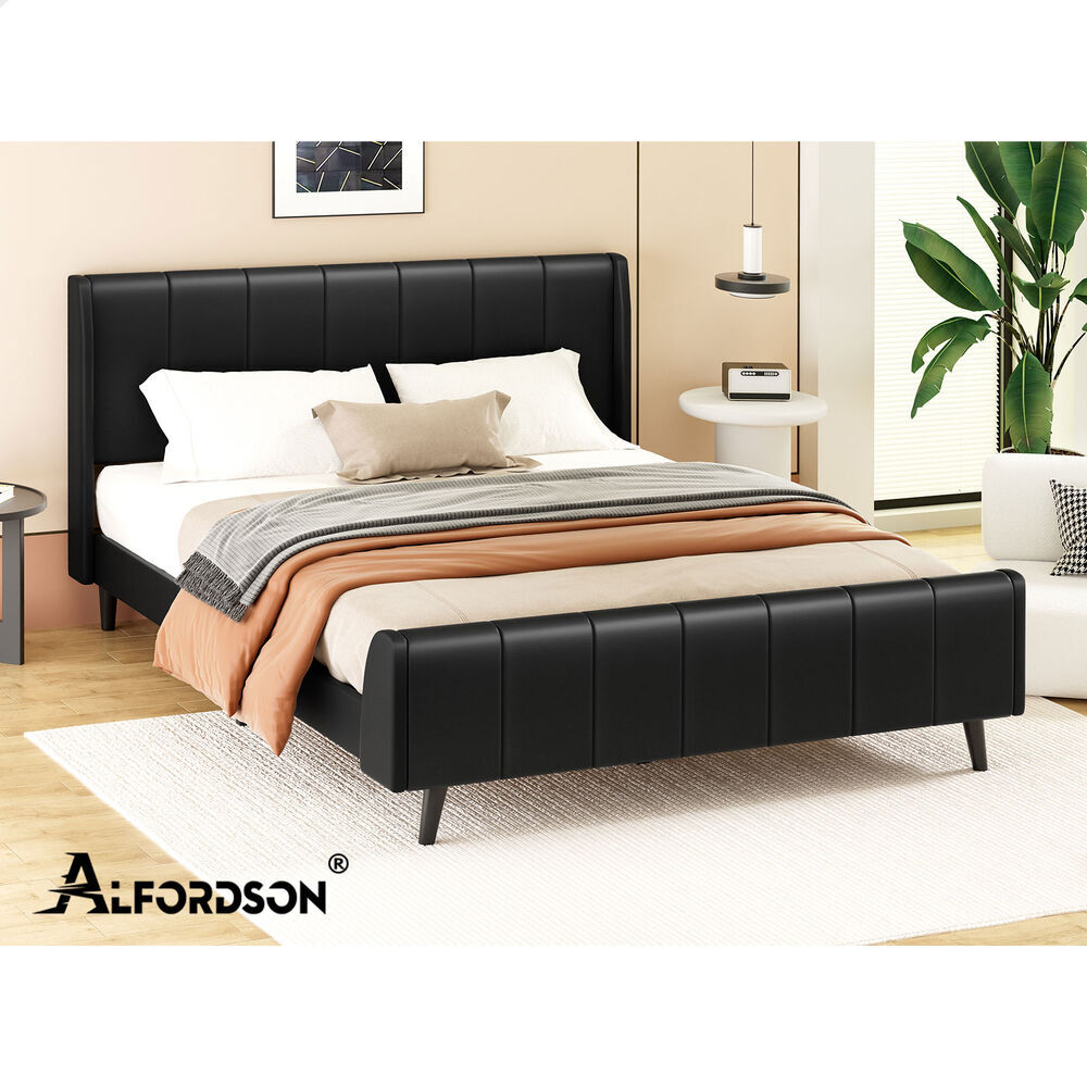 ALFORDSON Bed Frame King Size Tufted Headboard Base Black Leather HUNDOLF