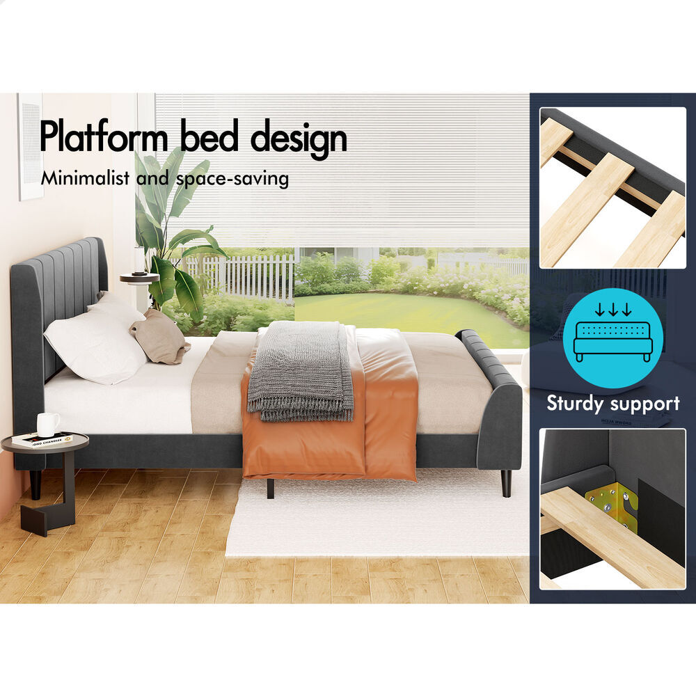 ALFORDSON Bed Frame King Size Tufted Headboard Base Grey Velvet HUNDOLF