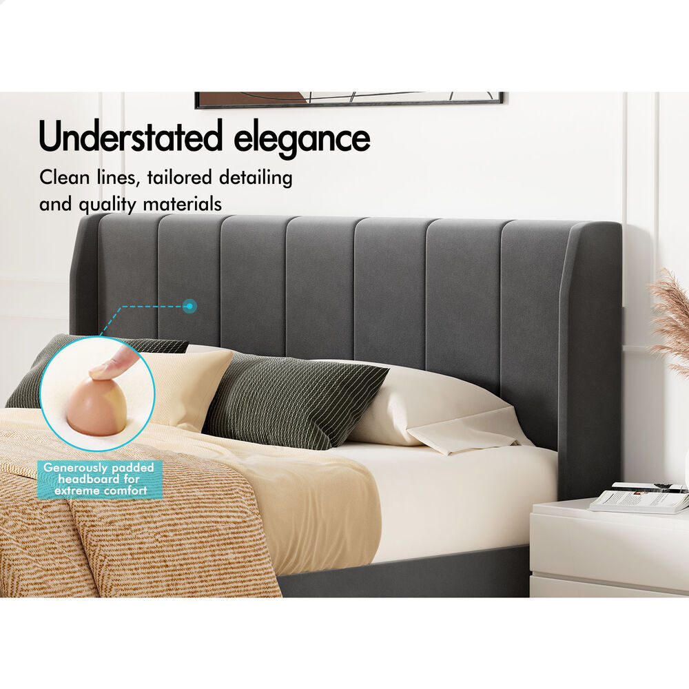 ALFORDSON Bed Frame King Size Tufted Headboard Base Grey Velvet HUNDOLF