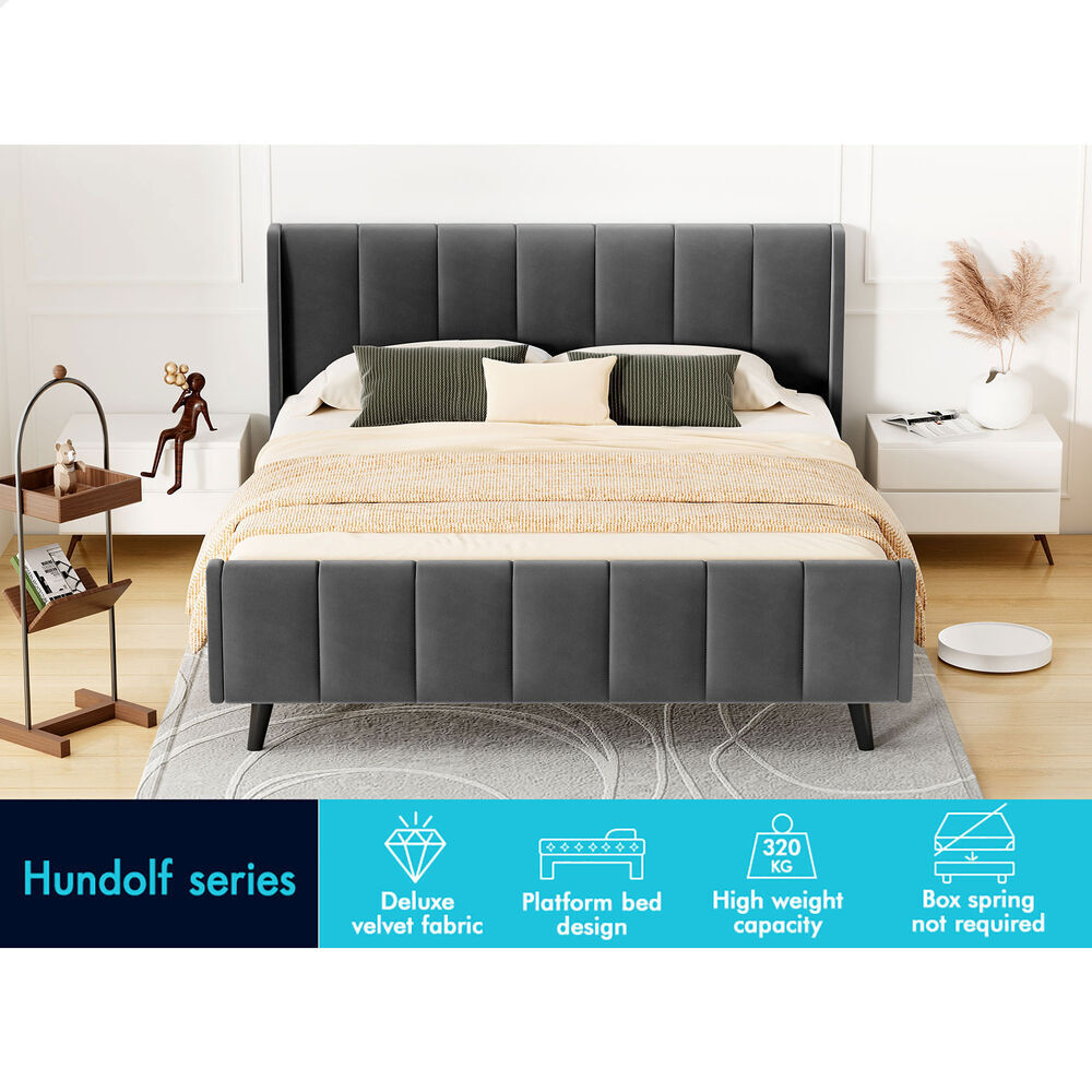 ALFORDSON Bed Frame King Size Tufted Headboard Base Grey Velvet HUNDOLF