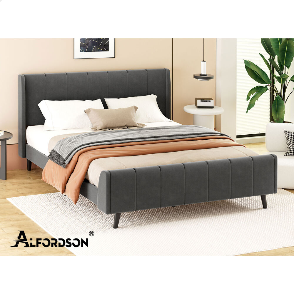 ALFORDSON Bed Frame King Size Tufted Headboard Base Grey Velvet HUNDOLF
