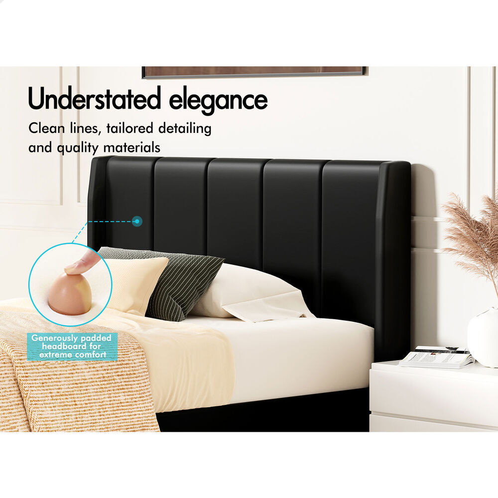ALFORDSON Bed Frame King Single Tufted Headboard Base Black Leather HUNDOLF
