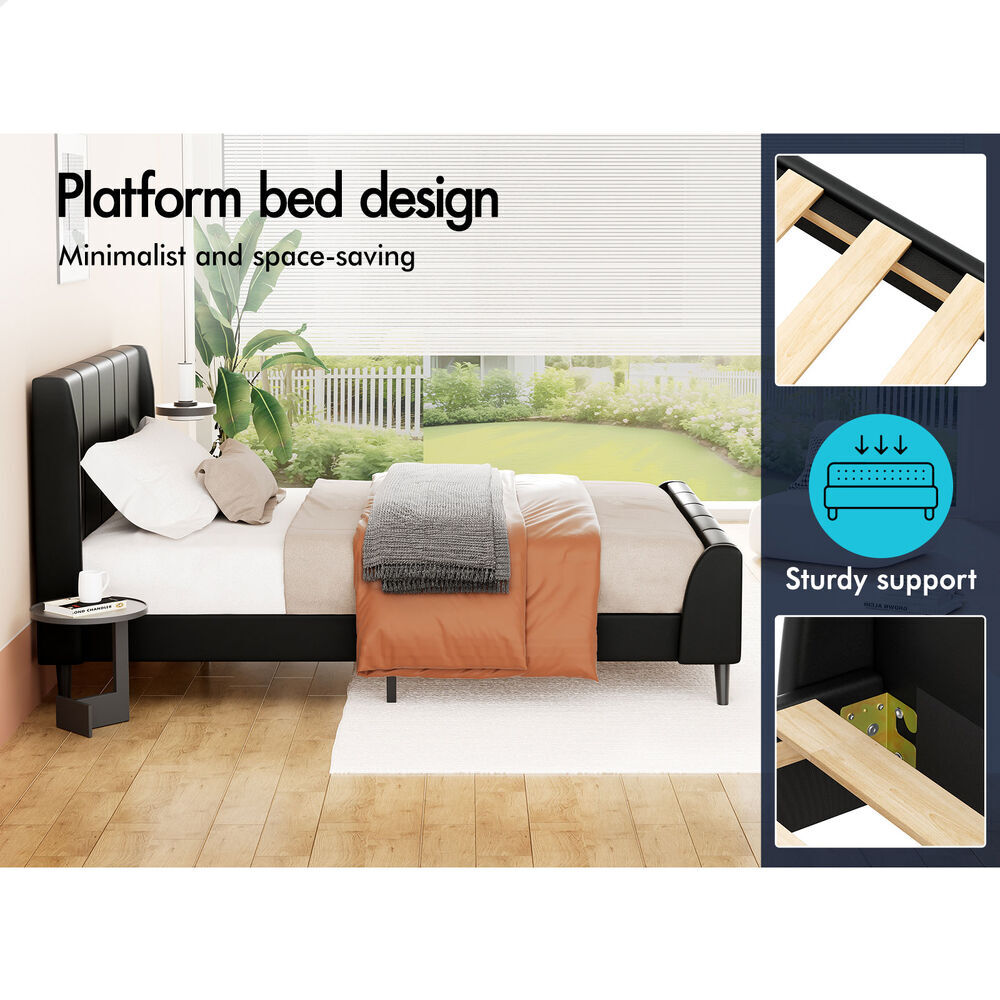 ALFORDSON Bed Frame King Single Tufted Headboard Base Black Leather HUNDOLF