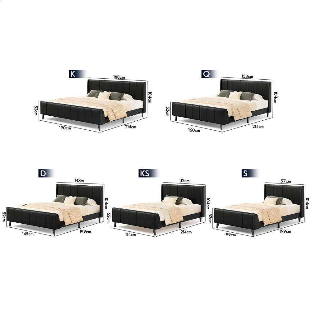 ALFORDSON Bed Frame King Single Tufted Headboard Base Black Leather HUNDOLF