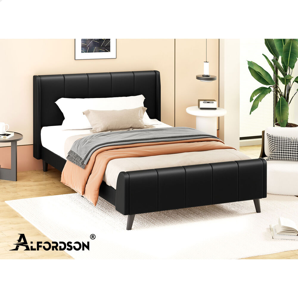 ALFORDSON Bed Frame King Single Tufted Headboard Base Black Leather HUNDOLF