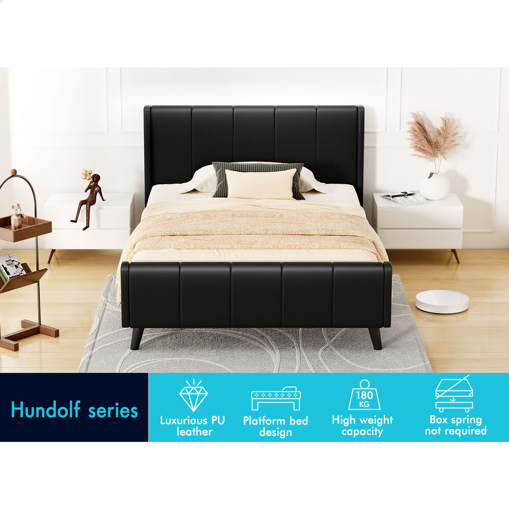 ALFORDSON Bed Frame King Single Tufted Headboard Base Black Leather HUNDOLF