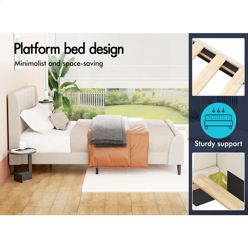 ALFORDSON Bed Frame King Single Tufted Headboard Base Beige Fabric HUNDOLF