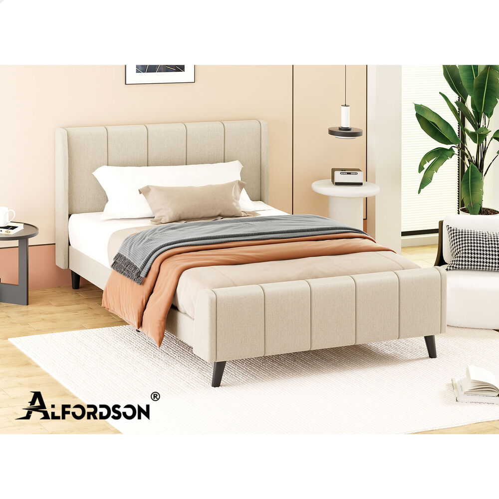ALFORDSON Bed Frame King Single Tufted Headboard Base Beige Fabric HUNDOLF