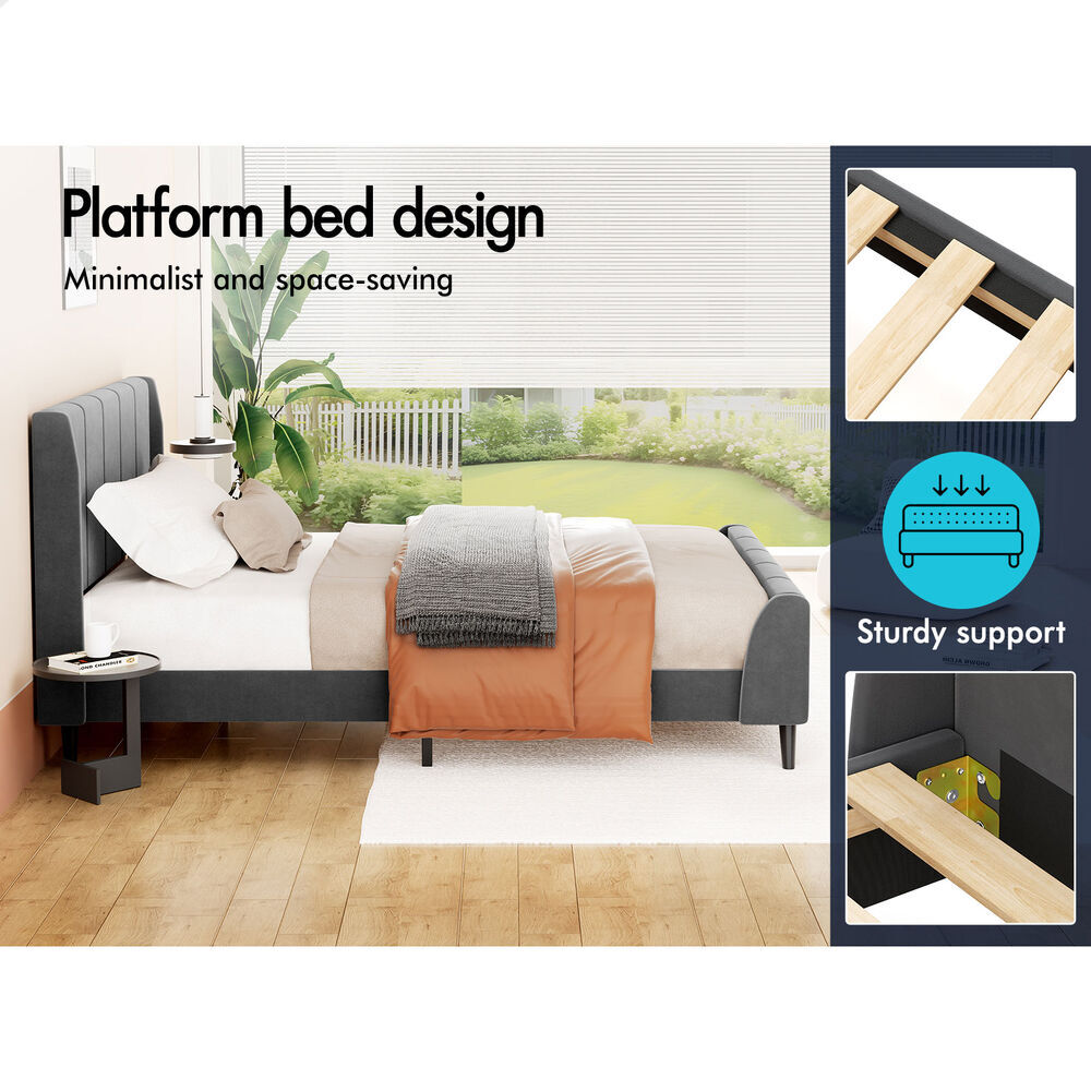 ALFORDSON Bed Frame King Single Tufted Headboard Base Grey Velvet HUNDOLF