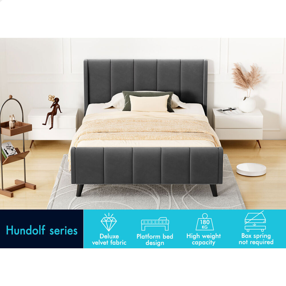 ALFORDSON Bed Frame King Single Tufted Headboard Base Grey Velvet HUNDOLF
