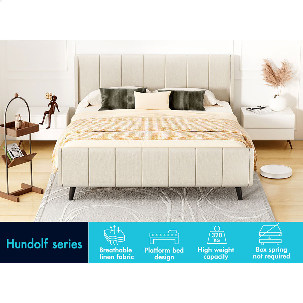 ALFORDSON Bed Frame Queen Size Tufted Headboard Base Beige Fabric HUNDOLF