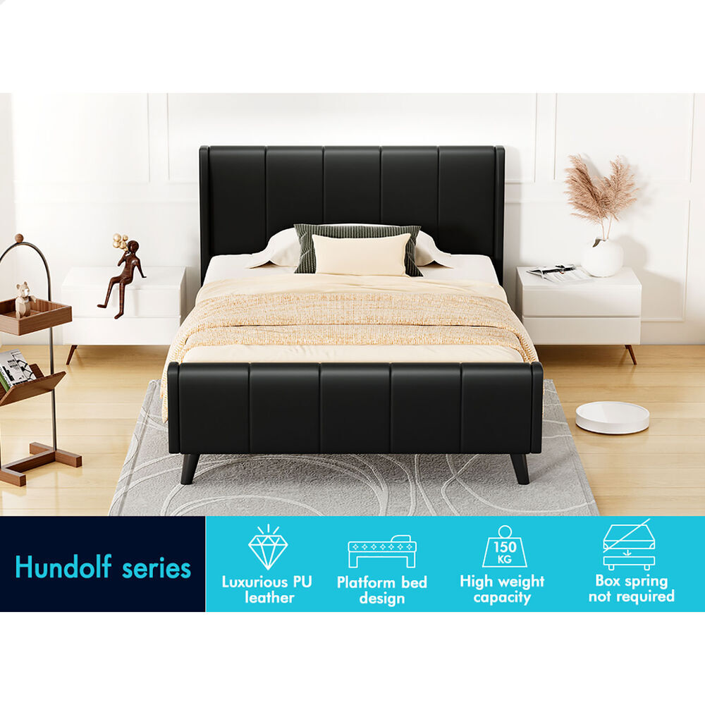 ALFORDSON Bed Frame Single Size Tufted Headboard Base Black Leather HUNDOLF