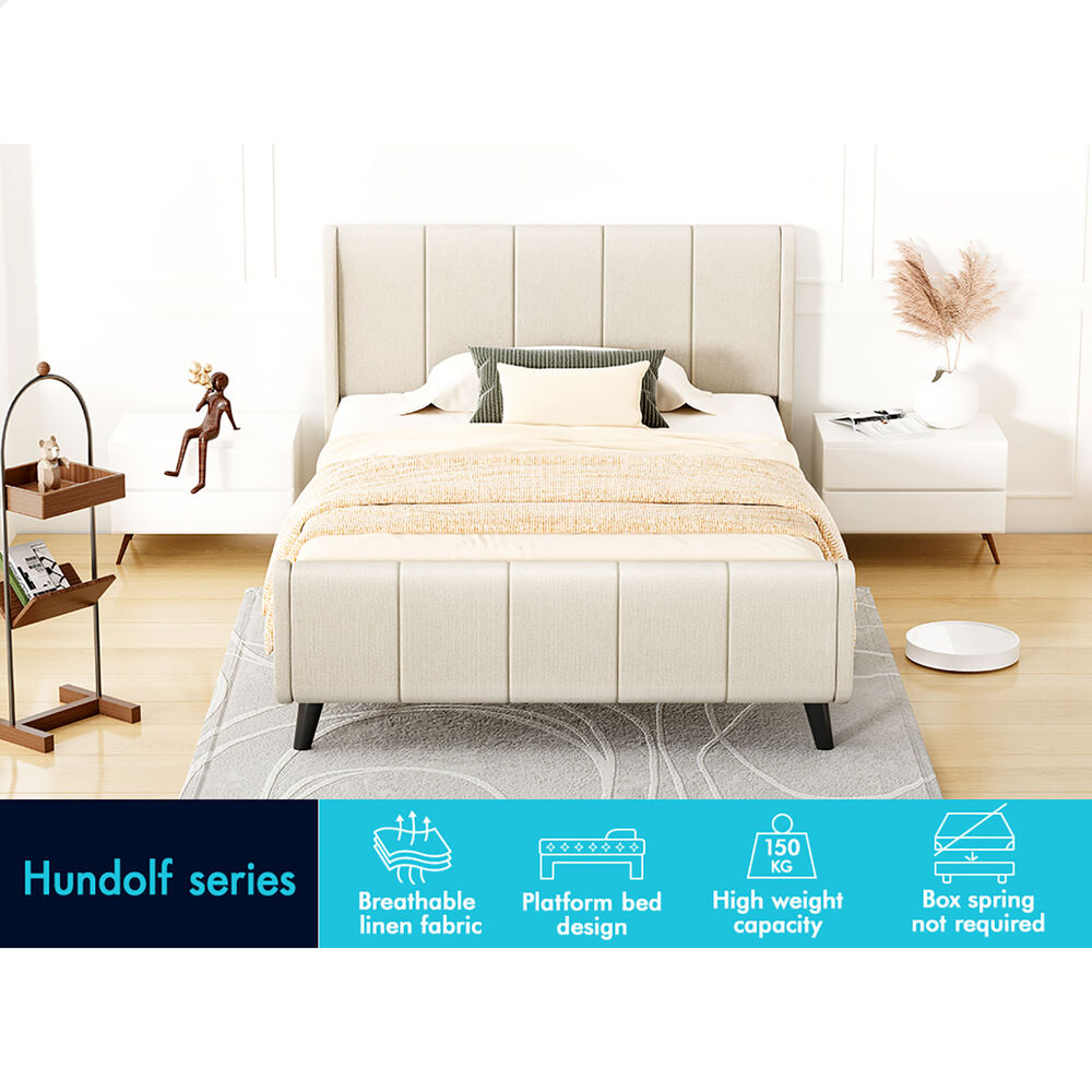 ALFORDSON Bed Frame Single Size Tufted Headboard Base Beige Fabric HUNDOLF