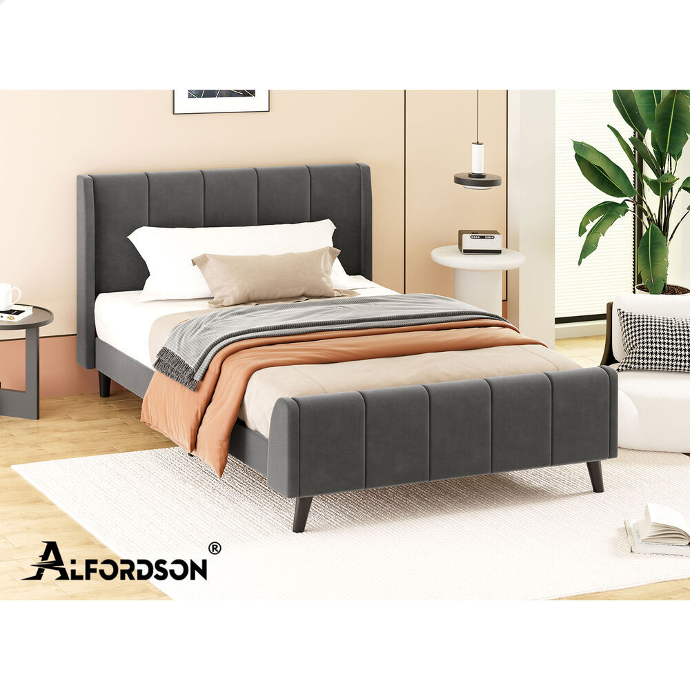 ALFORDSON Bed Frame Single Size Tufted Headboard Base Grey Velvet HUNDOLF