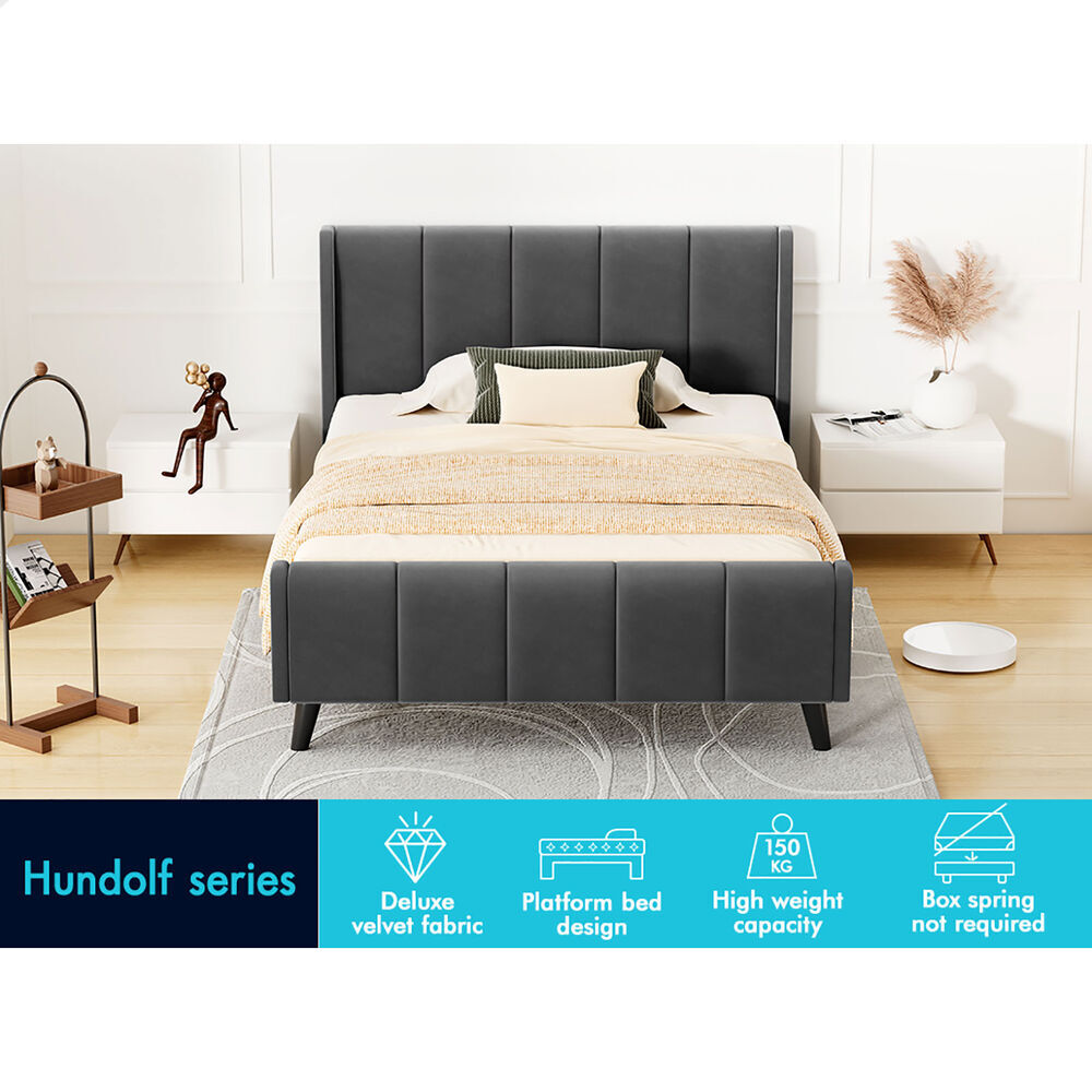 ALFORDSON Bed Frame Single Size Tufted Headboard Base Grey Velvet HUNDOLF